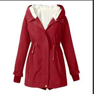 Women's Autumn And Winter Solid Color Casual Waist Tight Fleece-lined Anorak