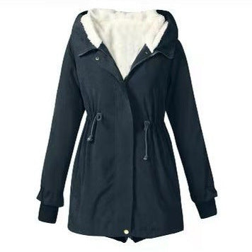 Women's Autumn And Winter Solid Color Casual Waist Tight Fleece-lined Anorak